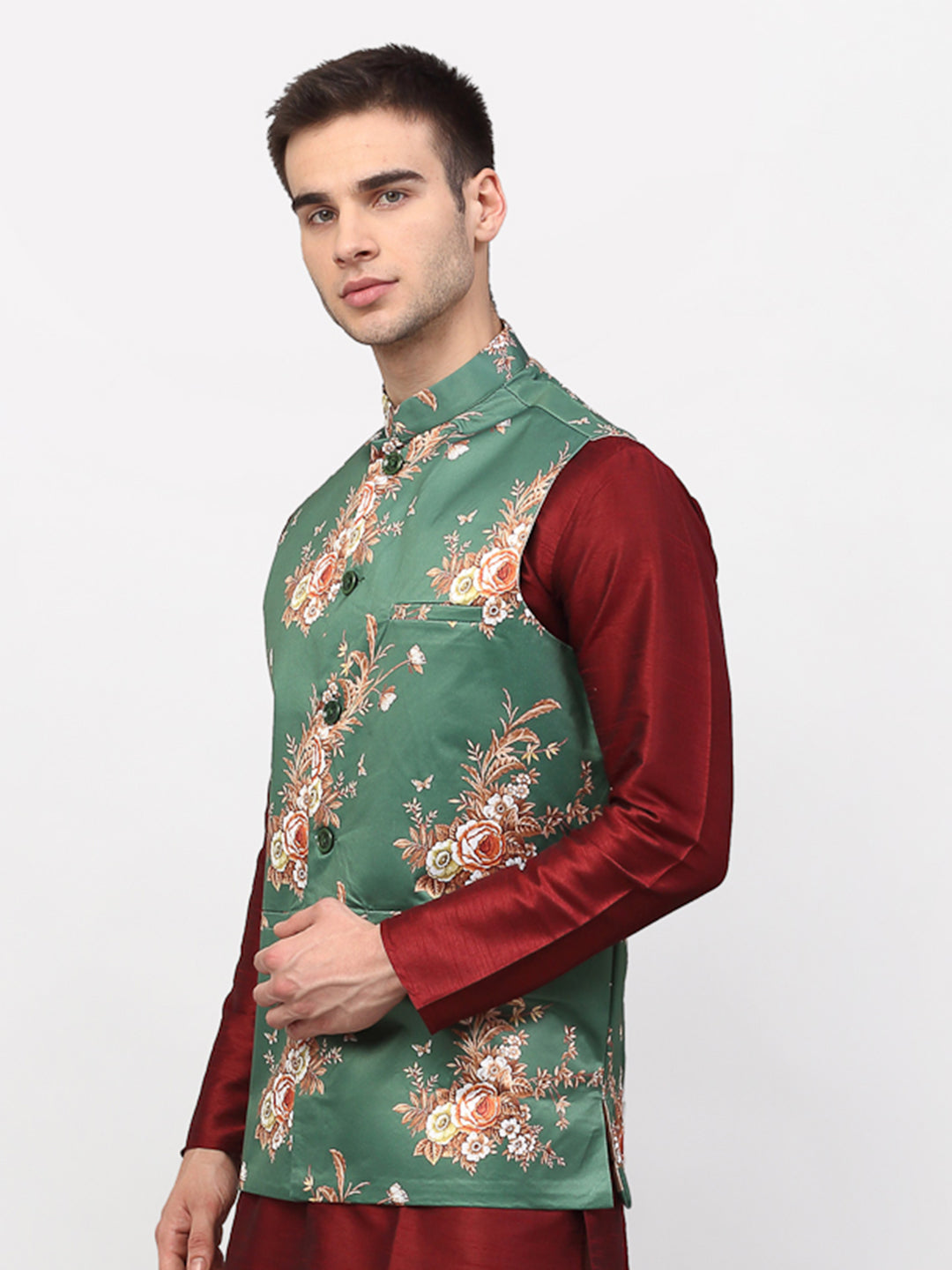 Jompers Men's Green Printed Nehru Jacket
