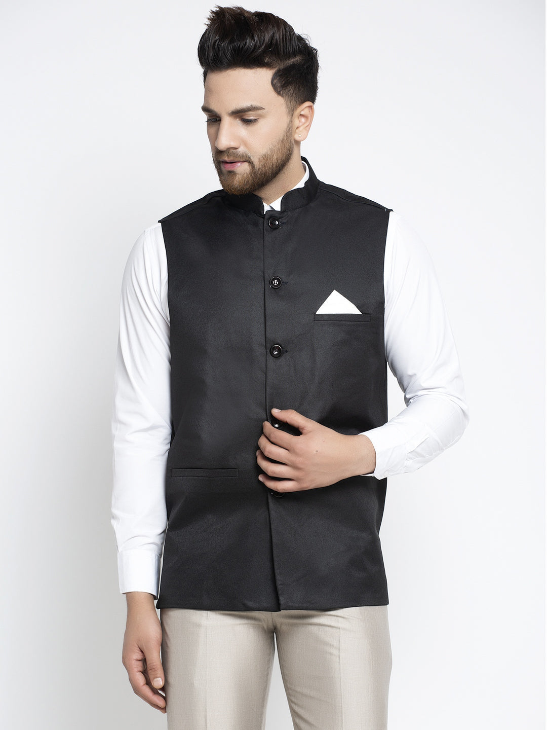 Jompers Men's Black Solid Nehru Jacket