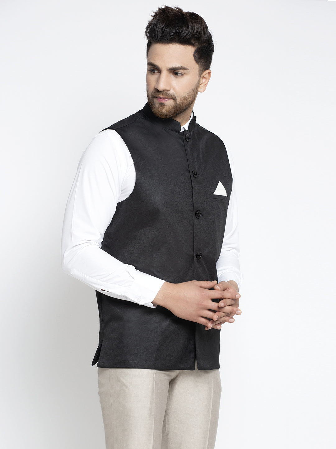 Jompers Men's Black Solid Nehru Jacket