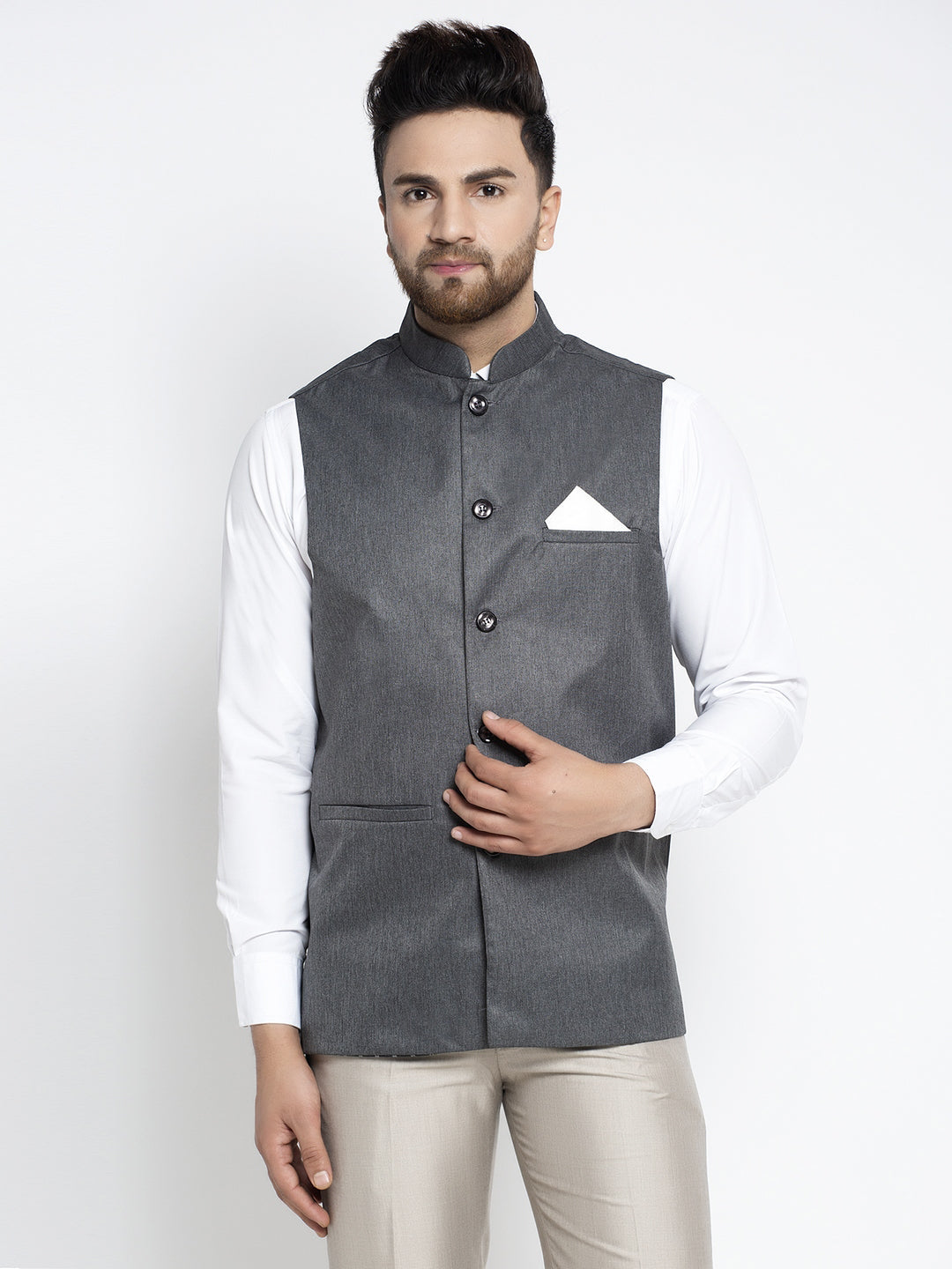 Jompers Men's Grey Melange Solid Nehru Jacket