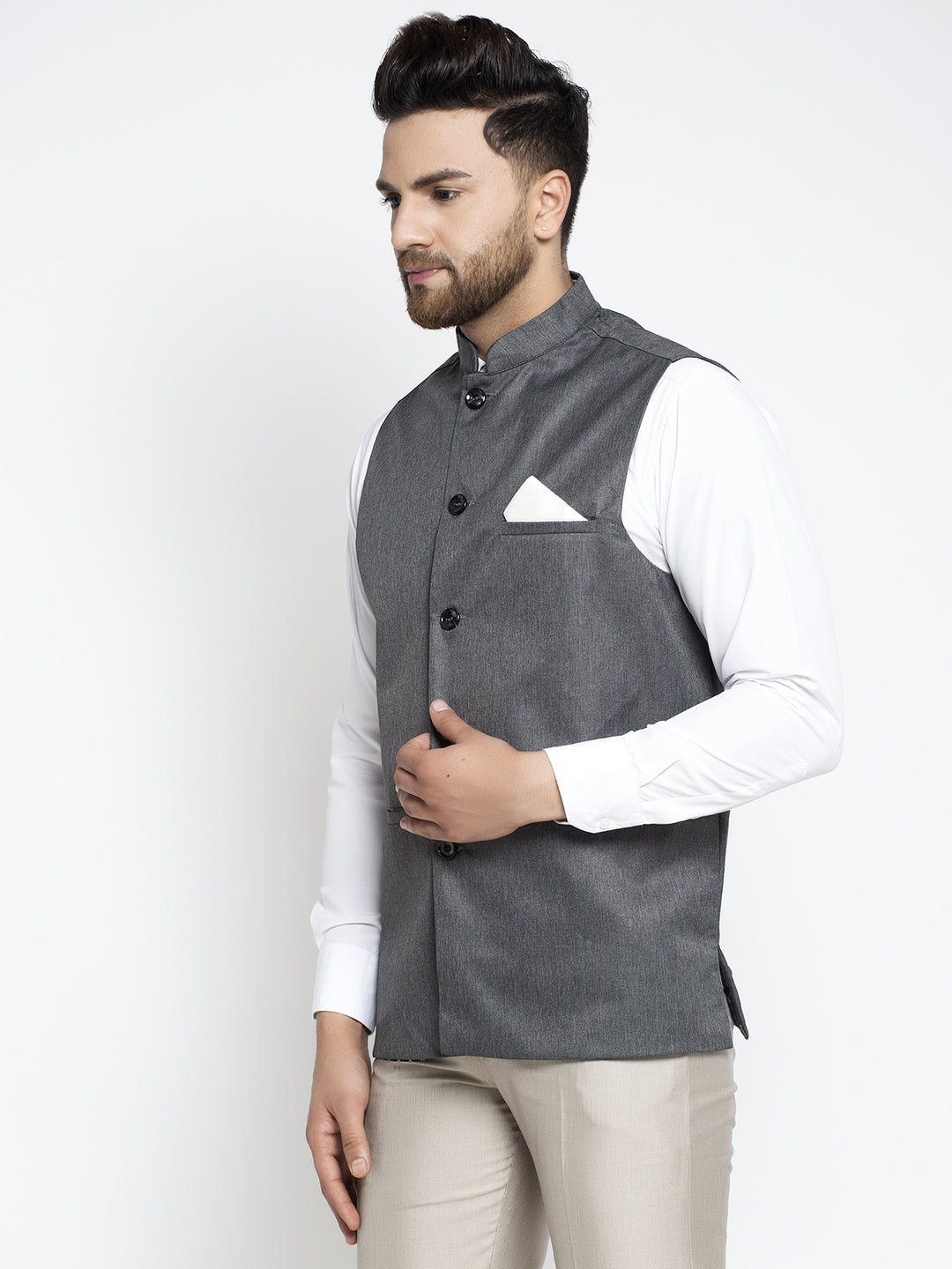Jompers Men's Grey Melange Solid Nehru Jacket