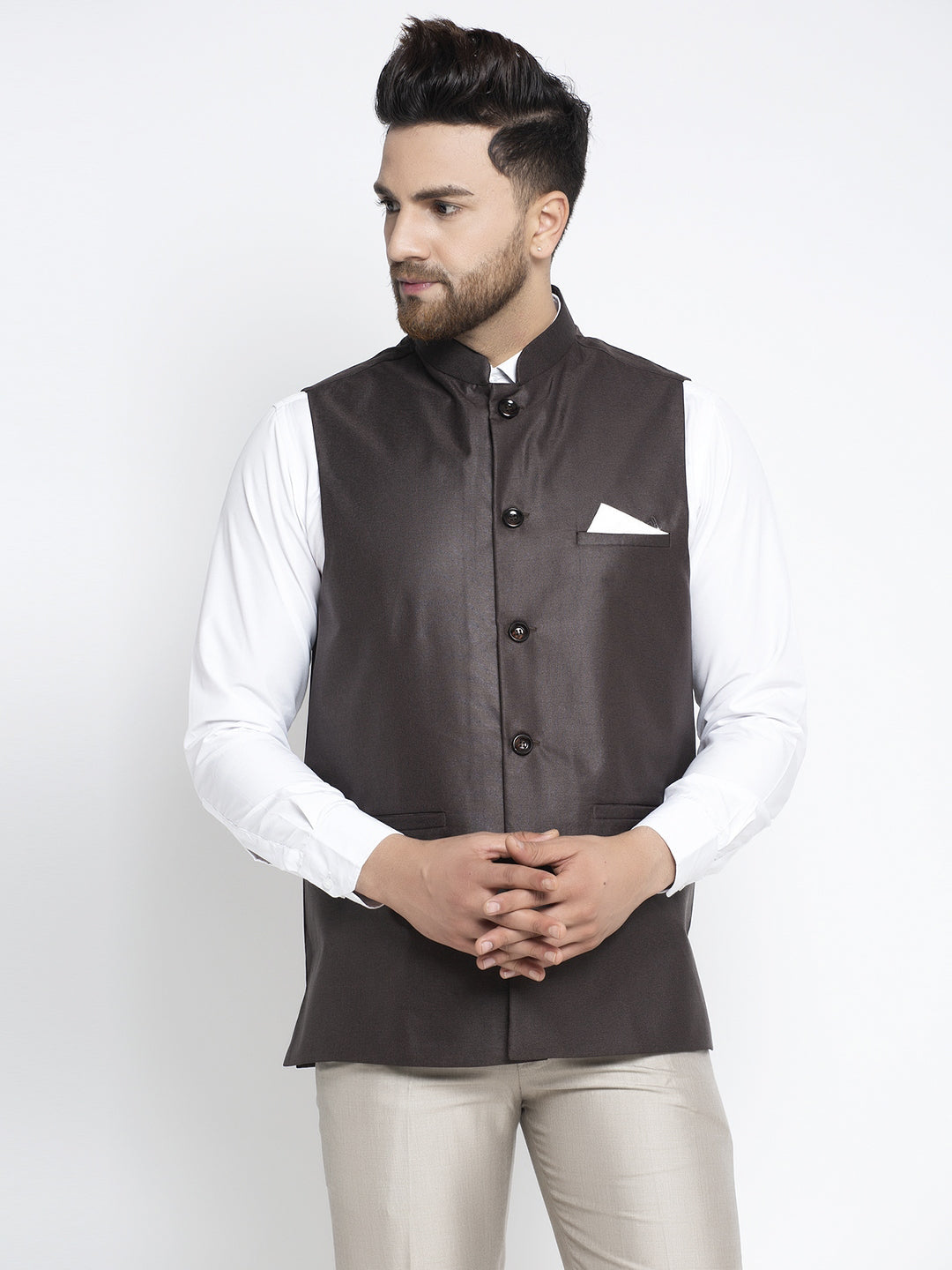 Jompers Men's Brown Solid Nehru Jacket
