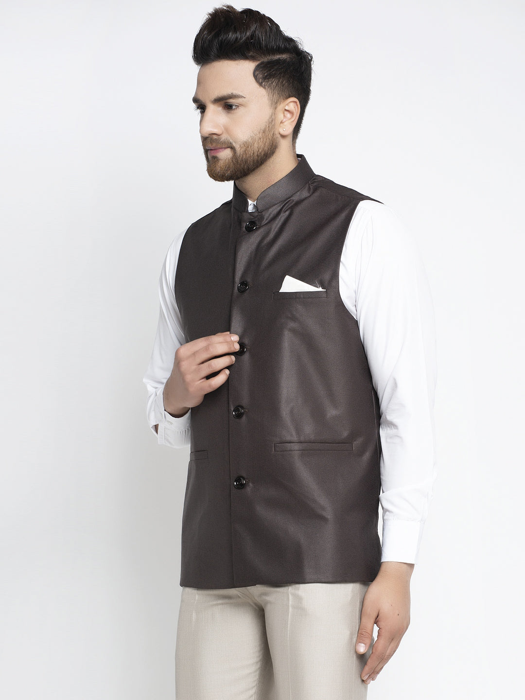 Jompers Men's Brown Solid Nehru Jacket