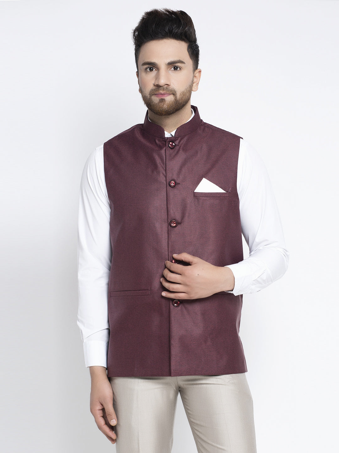 Jompers Men's Maroon Solid Nehru Jacket