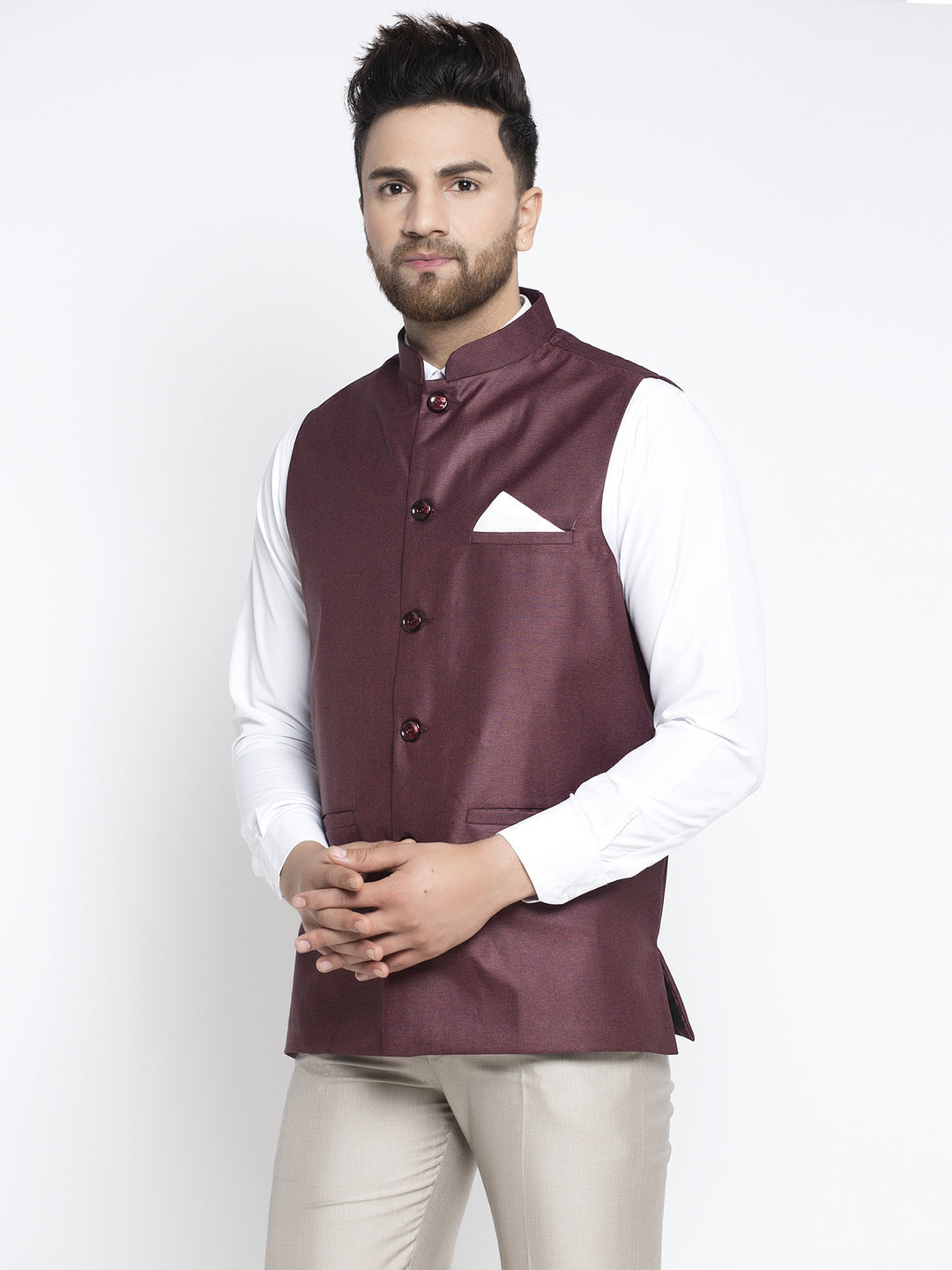 Jompers Men's Maroon Solid Nehru Jacket