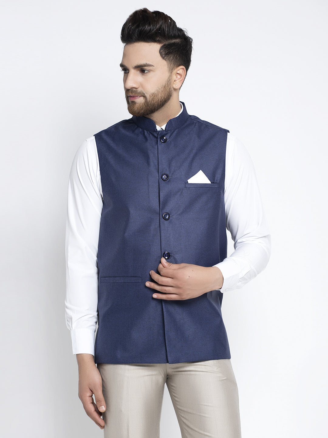 Jompers Men's Navy Blue Solid Nehru Jacket