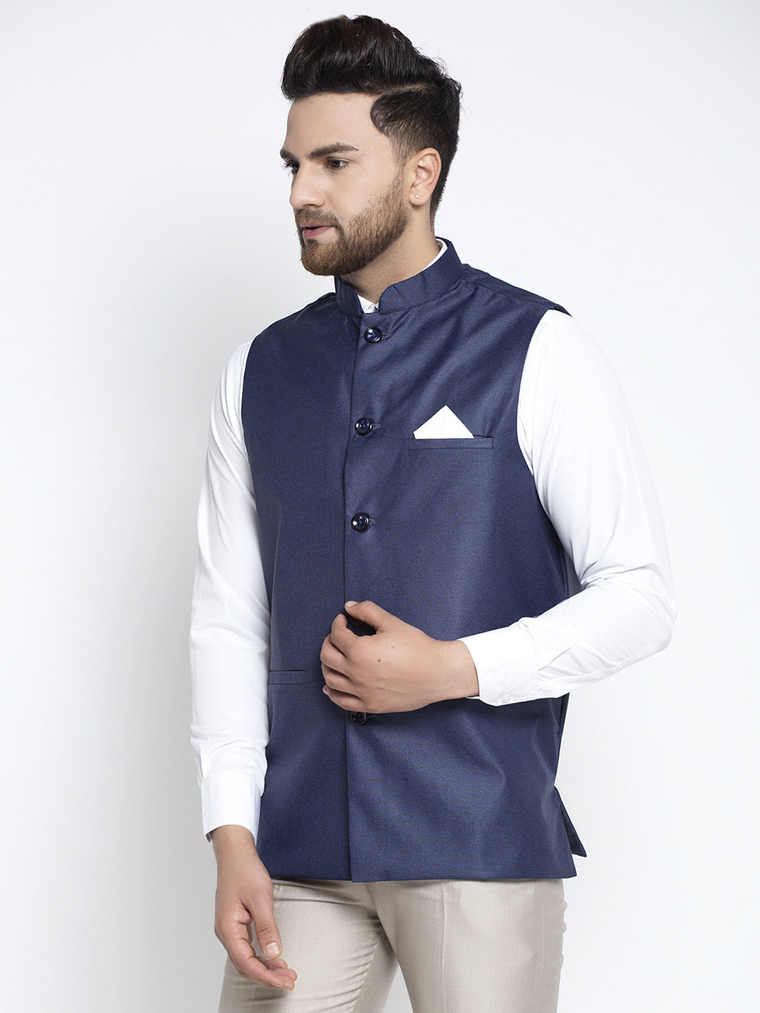 Jompers Men's Navy Blue Solid Nehru Jacket