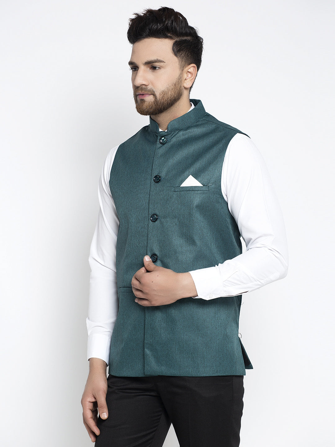 Jompers Men's Teal Solid Nehru Jacket