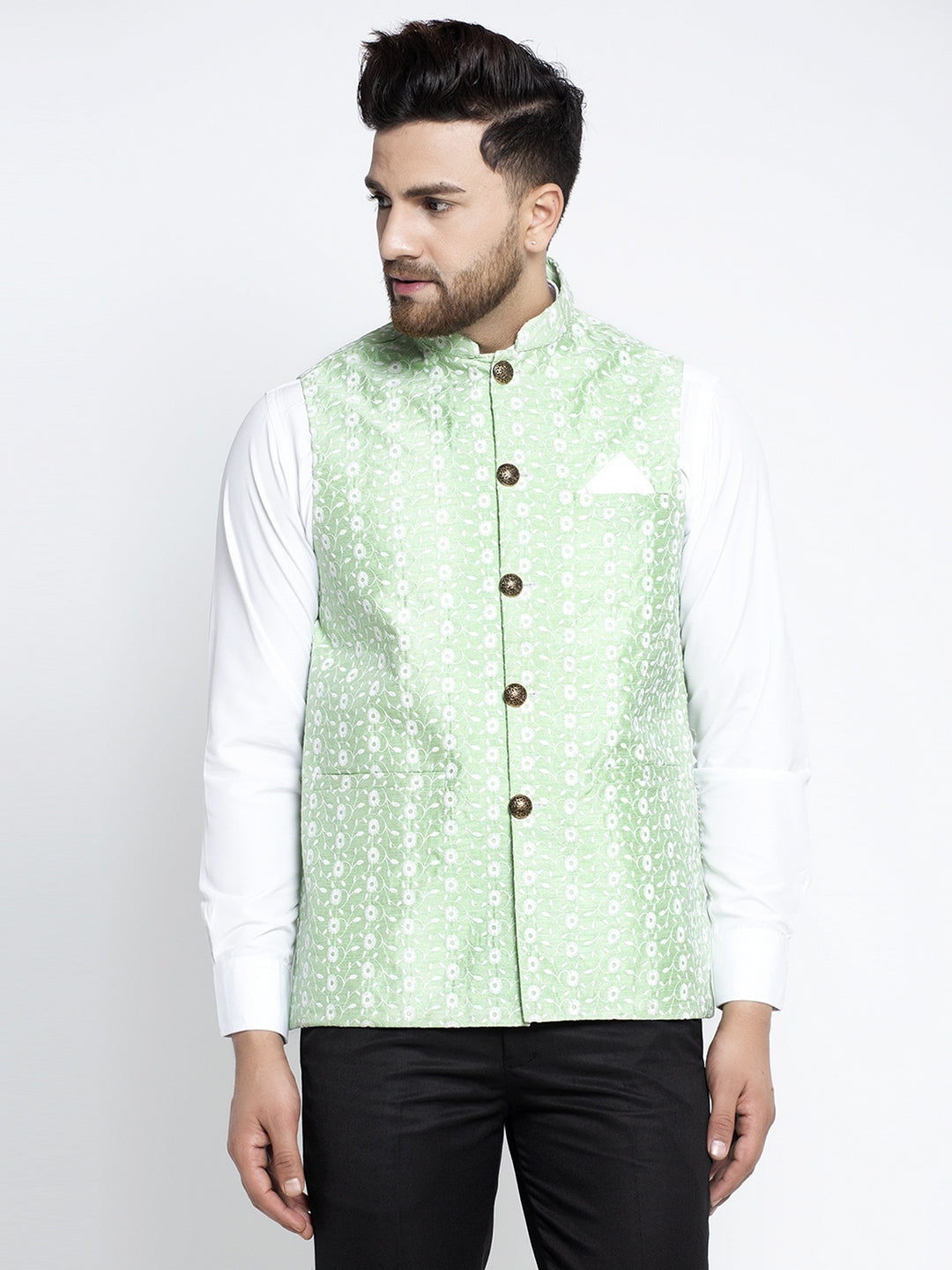Jompers Green Embroidered Nehru Jacket For Men