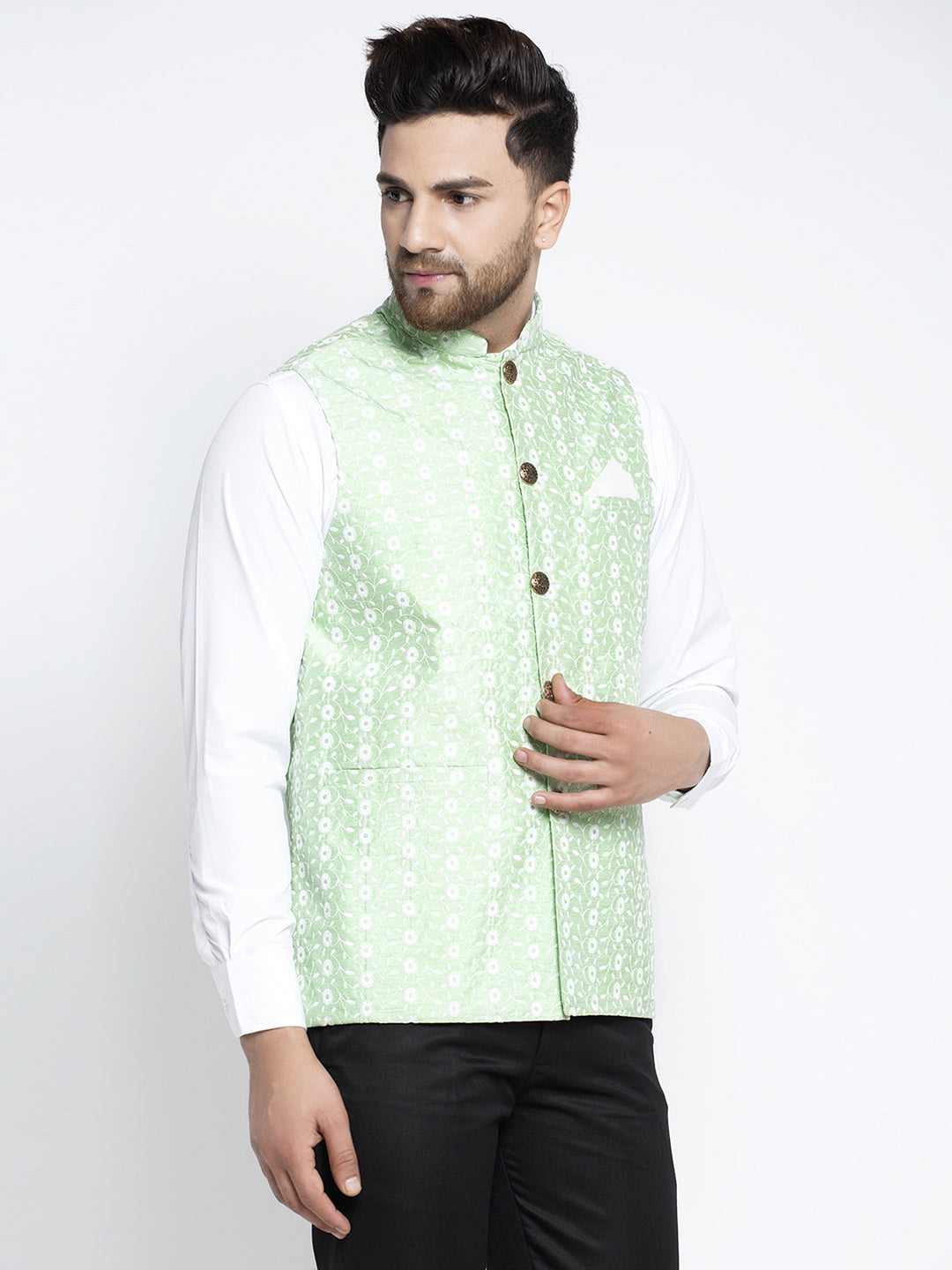 Jompers Green Embroidered Nehru Jacket For Men