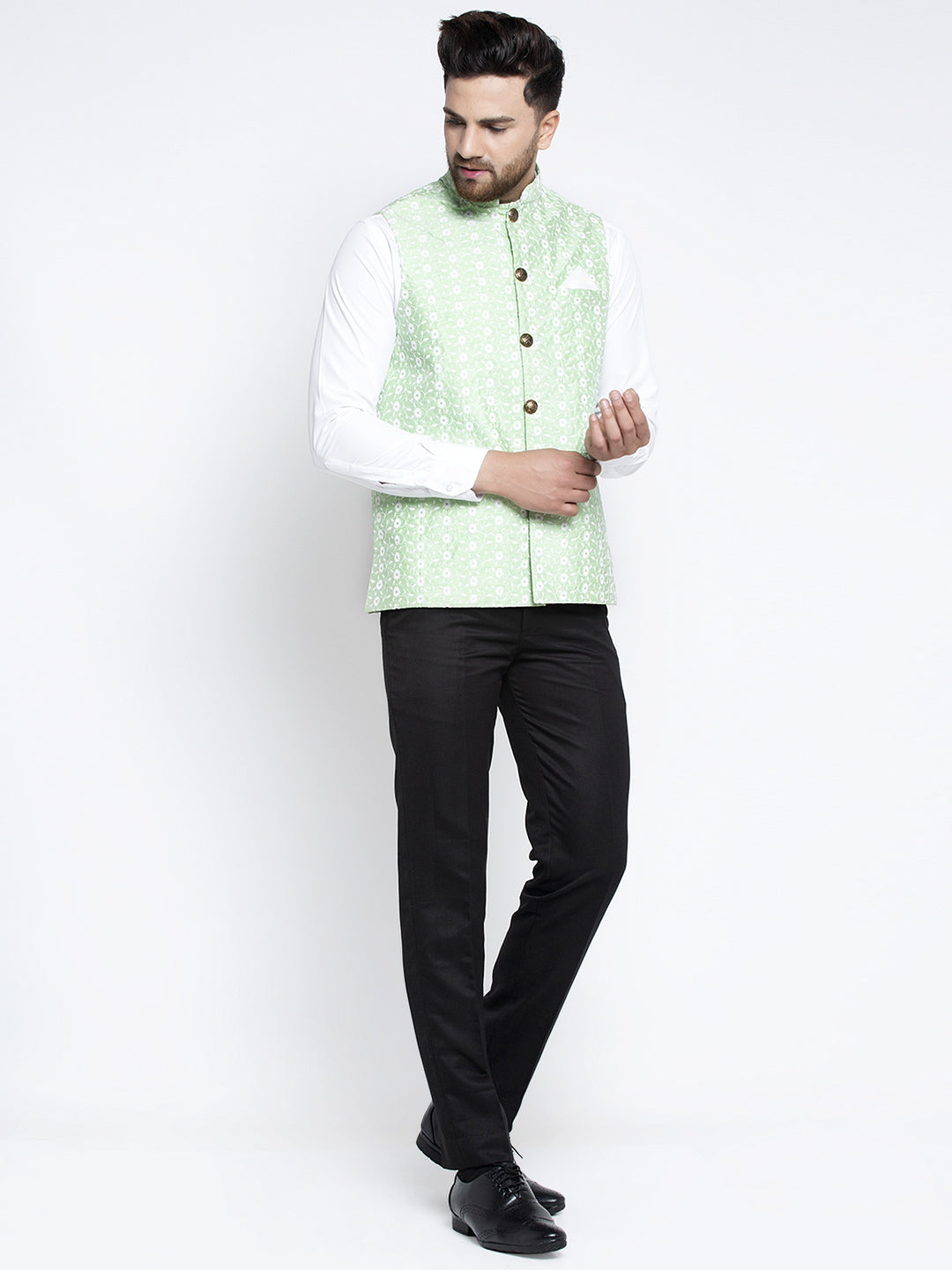 Jompers Green Embroidered Nehru Jacket For Men