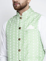 Thumbnail for Jompers Green Embroidered Nehru Jacket For Men
