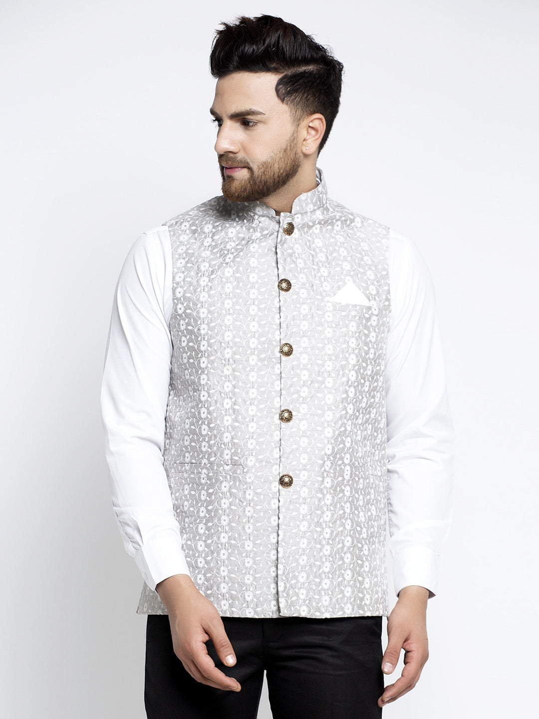 Jompers Men's Grey Embroidered Nehru Jacket