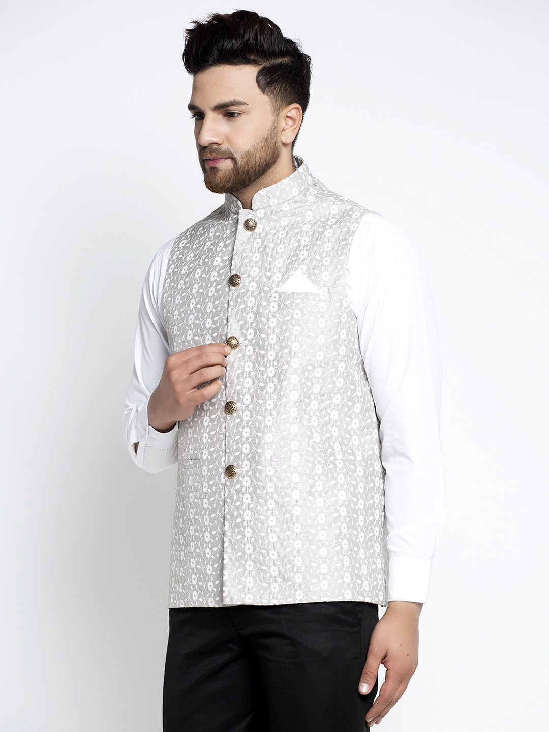 Jompers Men's Grey Embroidered Nehru Jacket