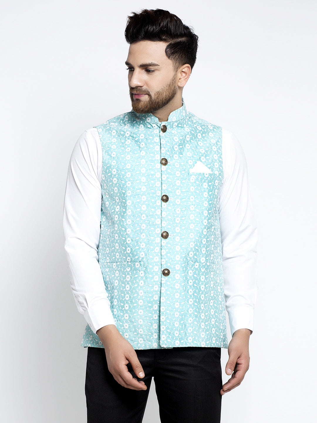 Jompers Beautiful Blue Embroidered Nehru Jacket For Men