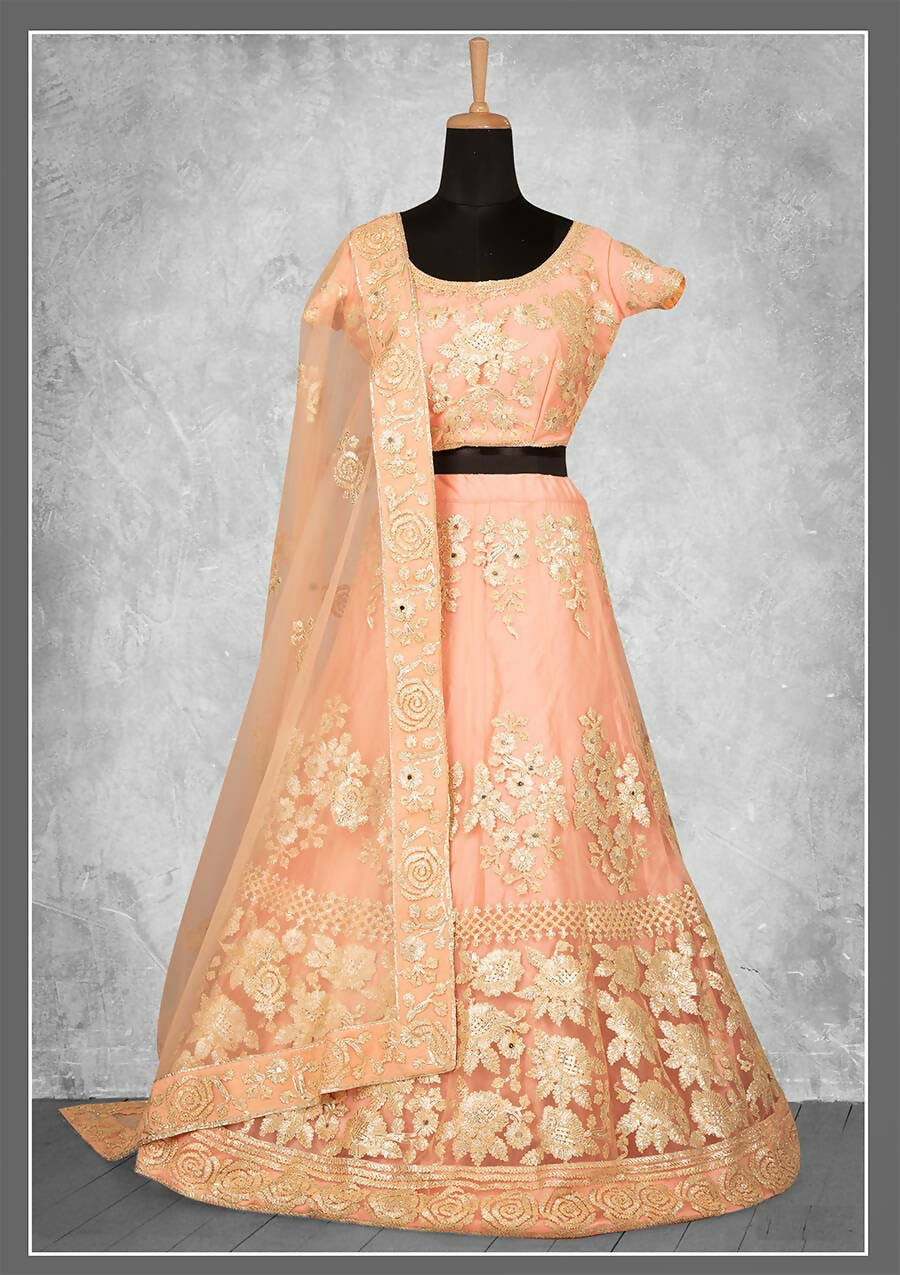 Light Orange Net, Satin Silk Cord And Floral Embroidery Semi-Stitched Lehenga Choli - Nimaya Kangan - Distacart