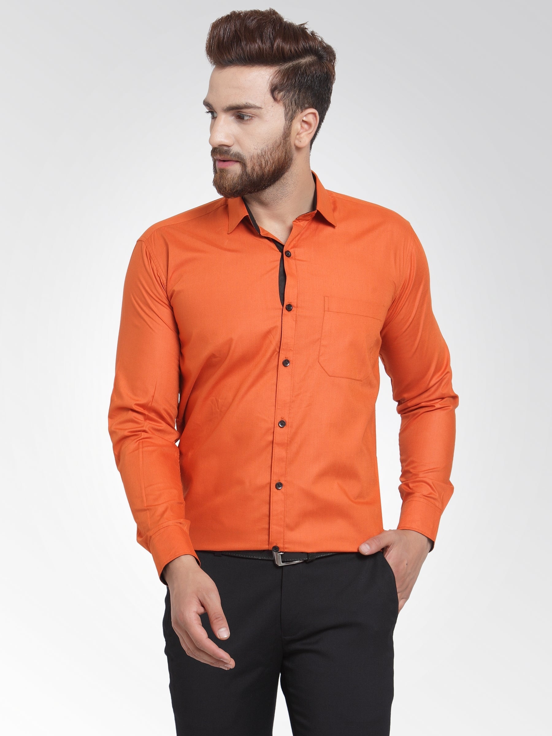 Jainish Dark Orange Formal Shirt with black detailing ( SF 411DO ) - Distacart