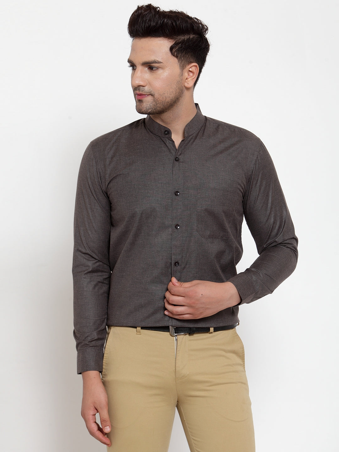 Jainish Grey Melange Men's Cotton Solid Mandarin Collar Formal Shirts ( SF 726Charcoal ) - Distacart