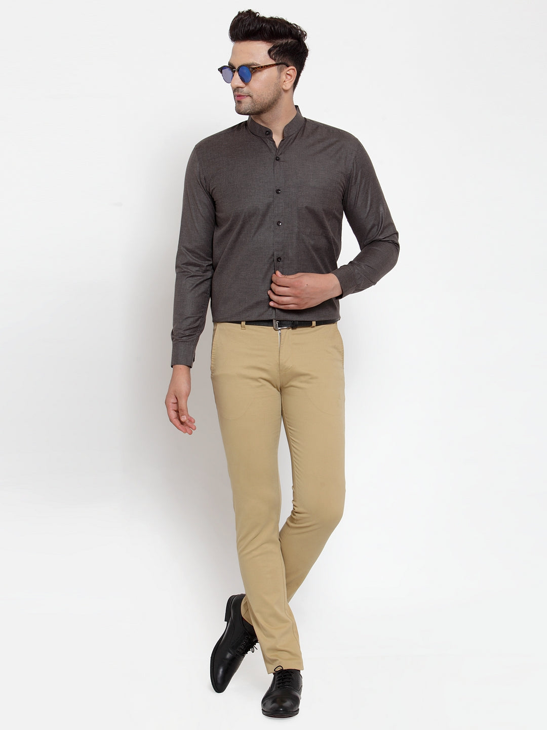 Jainish Grey Melange Men's Cotton Solid Mandarin Collar Formal Shirts ( SF 726Charcoal ) - Distacart