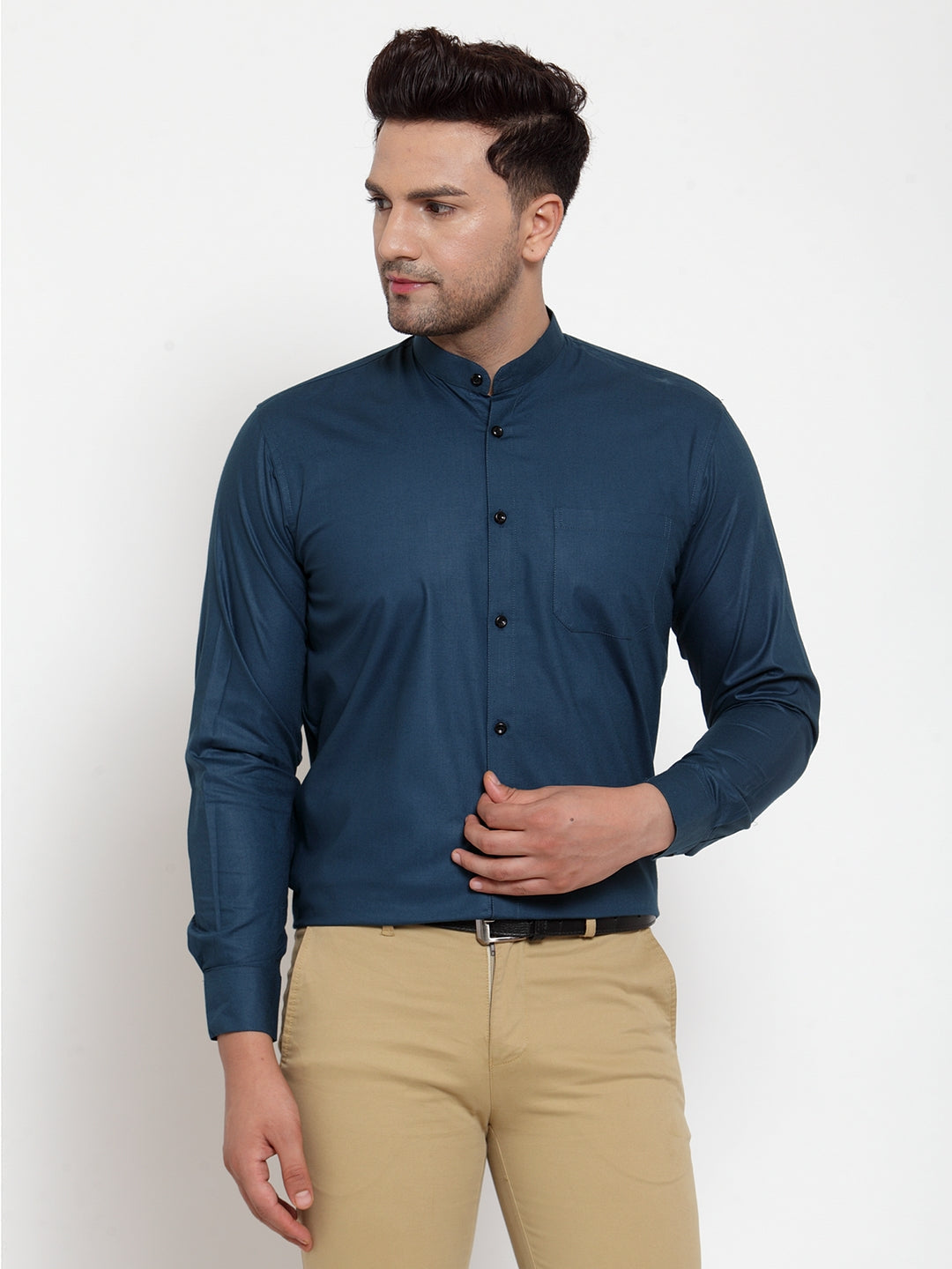 Jainish Navy Men's Cotton Solid Mandarin Collar Formal Shirts ( SF 726Teal ) - Distacart