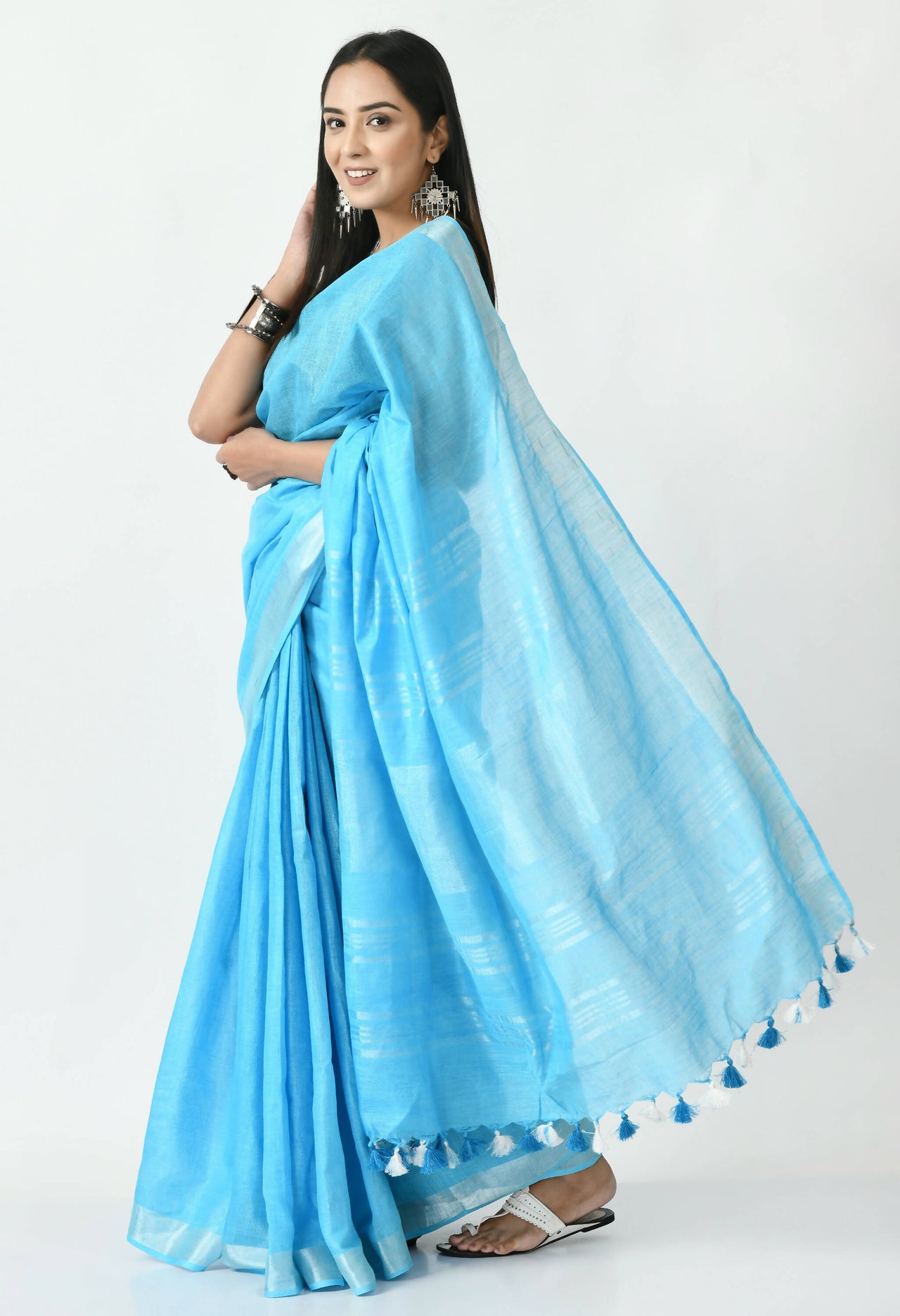 Mominos Fashion Moeza Sky Blue Bhagalpuri Handloom Silk Linen Saree with unstitched Blouse piece - Distacart