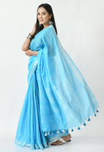 Thumbnail for Mominos Fashion Moeza Sky Blue Bhagalpuri Handloom Silk Linen Saree with unstitched Blouse piece - Distacart