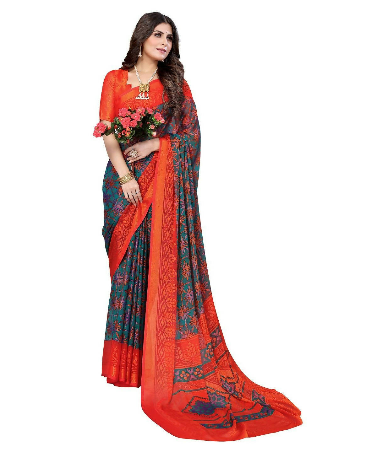 Vamika Rama Green Chiffon Brasso Bollywood Style Woven Saree (DEVINA RAMA) - Distacart