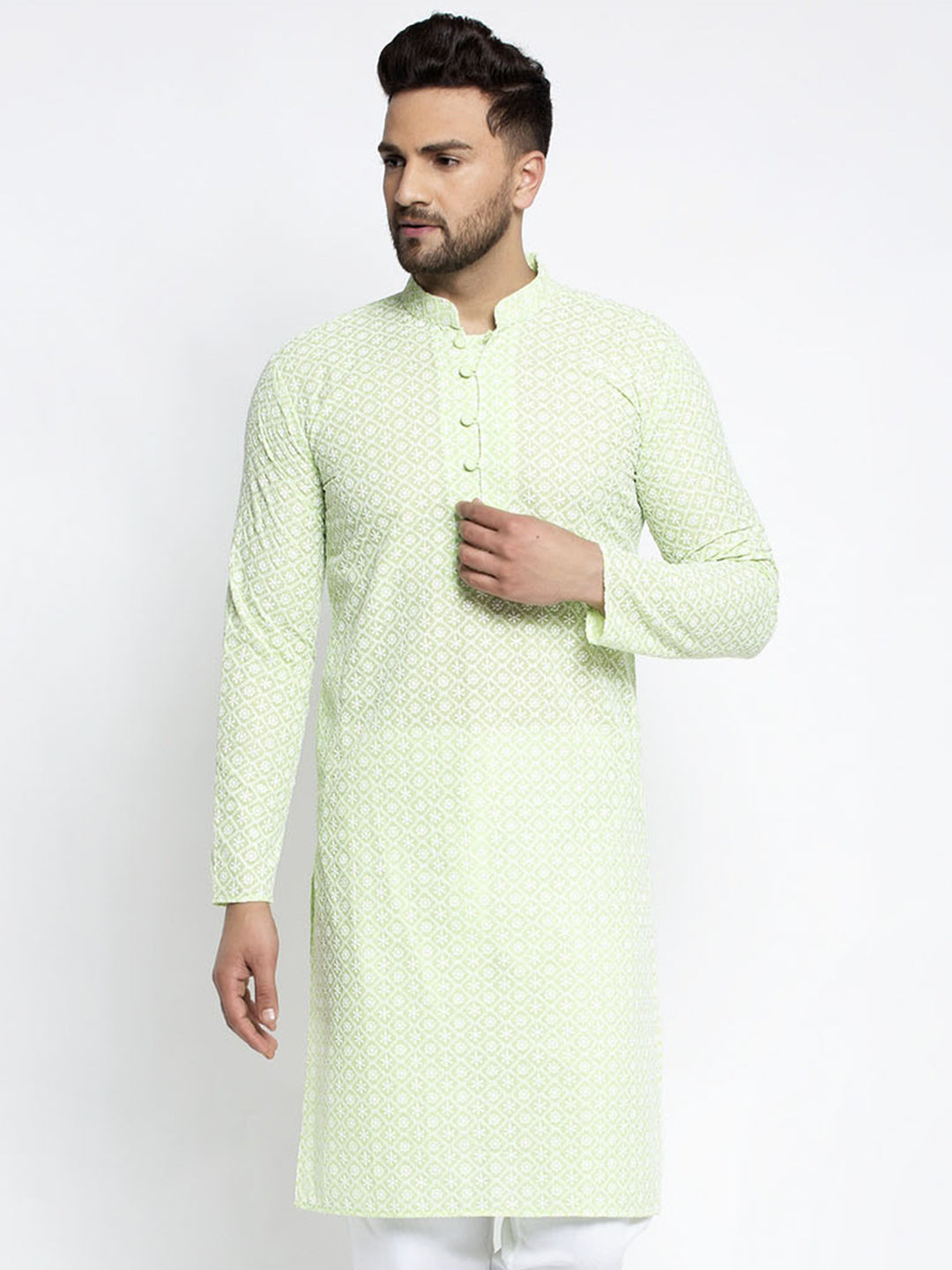 Jompers Men's Dark-Green Embroidered Kurta Only
