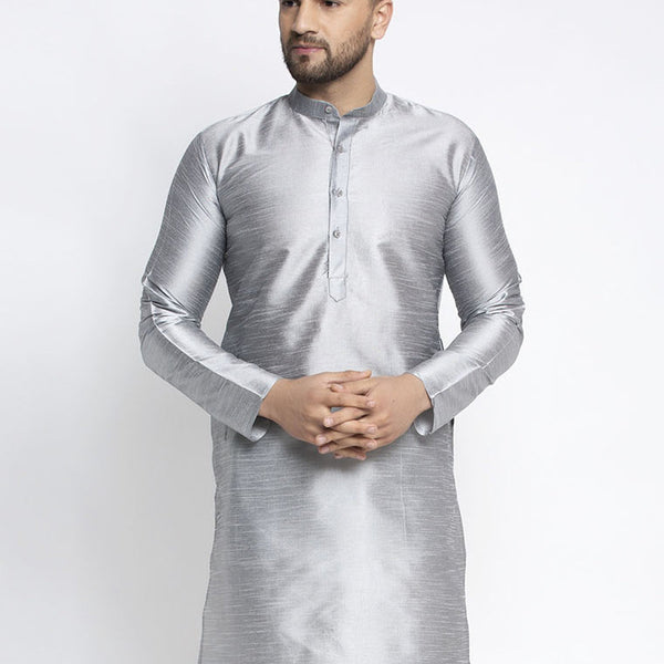 Jompers Men's Silver Solid Dupion Silk Kurta Only