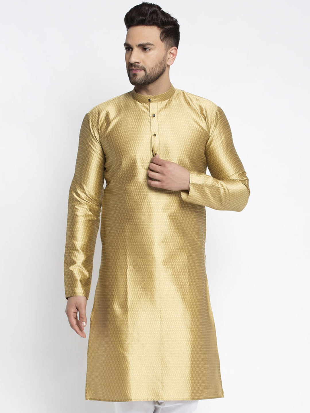 Jompers Men Mustard & White Woven Design Kurta Only - Distacart