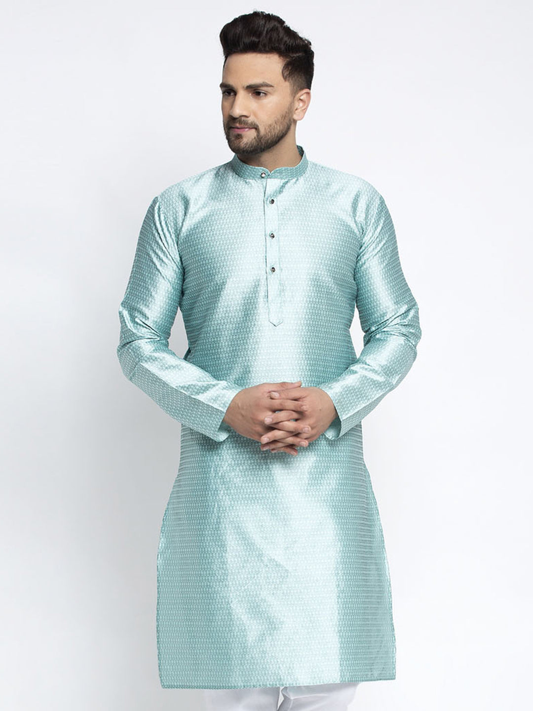 Jompers Men Sky Blue & White Woven Design Kurta Only - Distacart