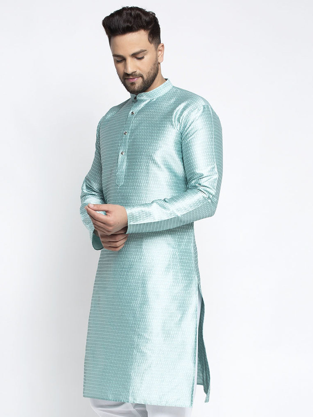 Jompers Men Sky Blue & White Woven Design Kurta Only - Distacart