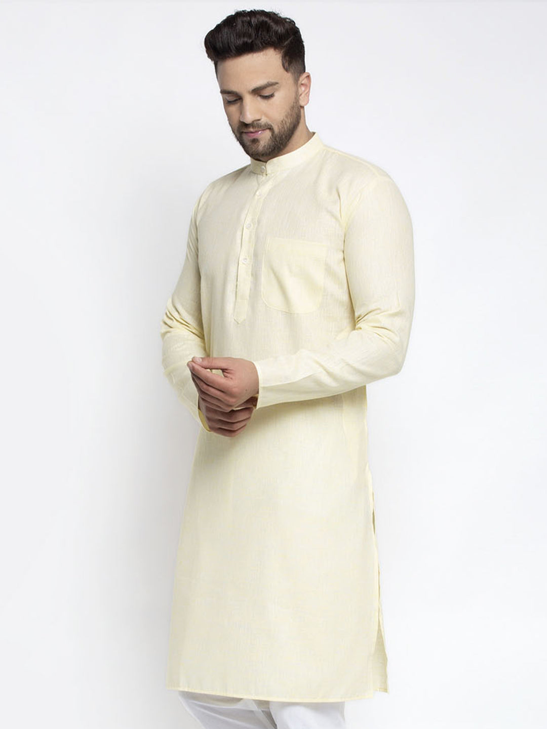 Jompers Men Lemon Yellow & White Self Design Kurta Only - Distacart