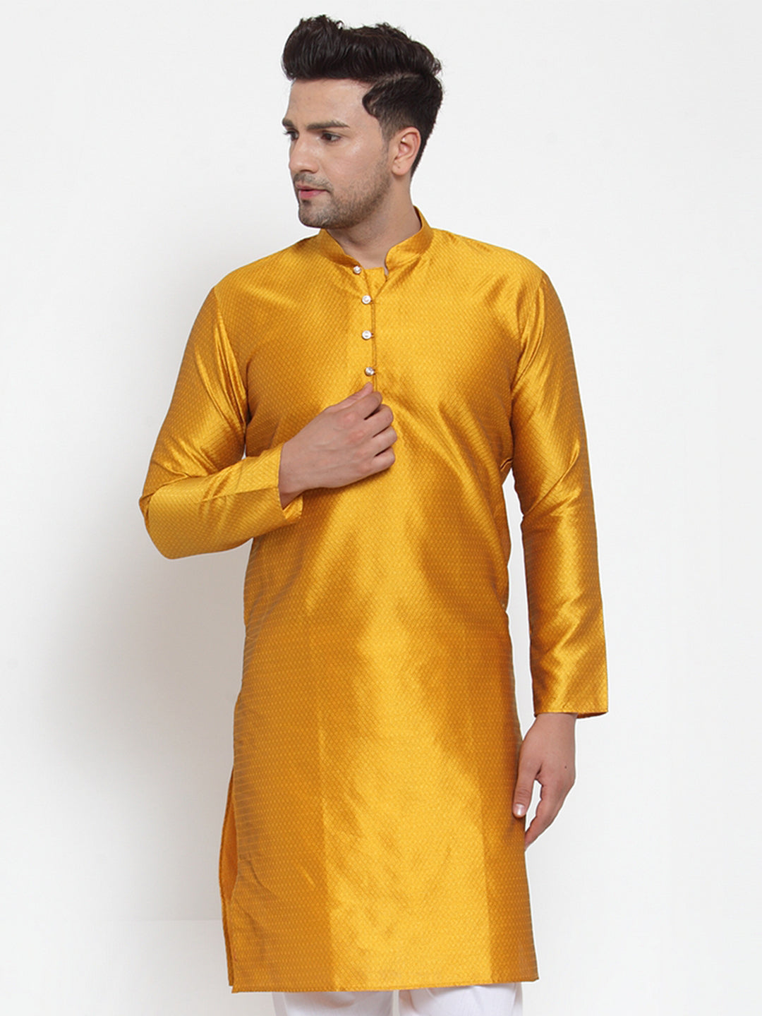 Jompers Men's Yellow Jacquard Kurta Only