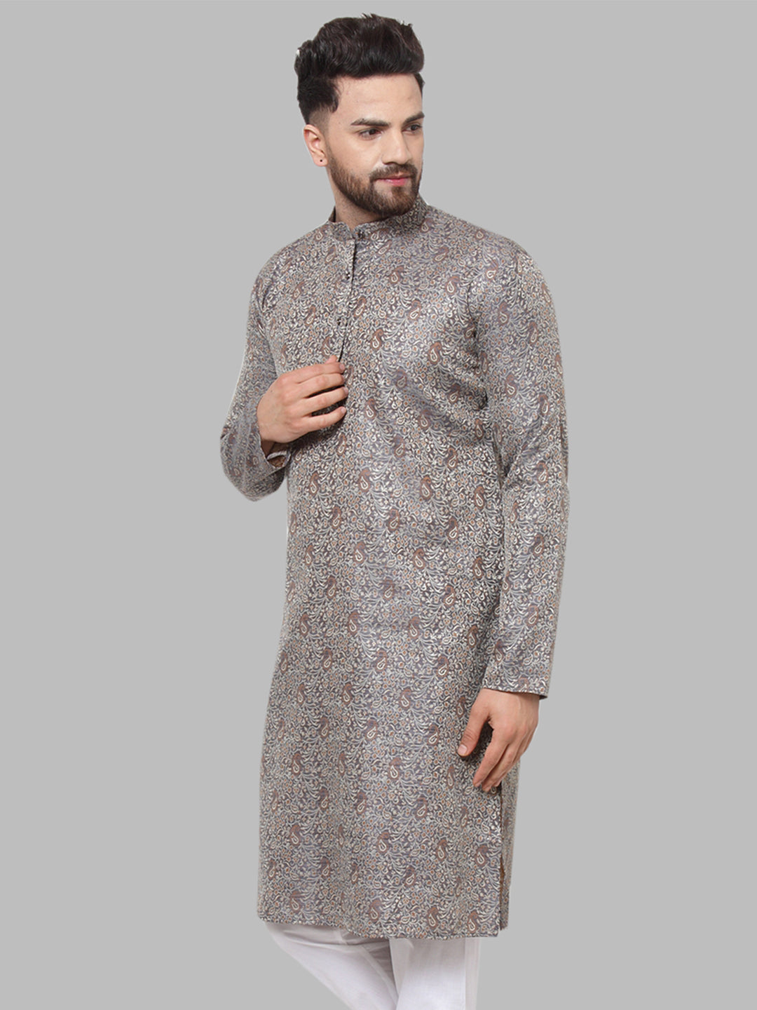 Jompers Men Grey & White Woven Design Kurta Only - Distacart