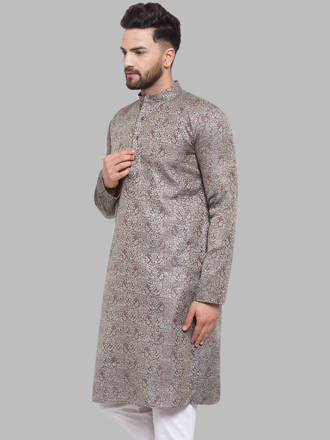 Jompers Men Grey & White Woven Design Kurta Only - Distacart