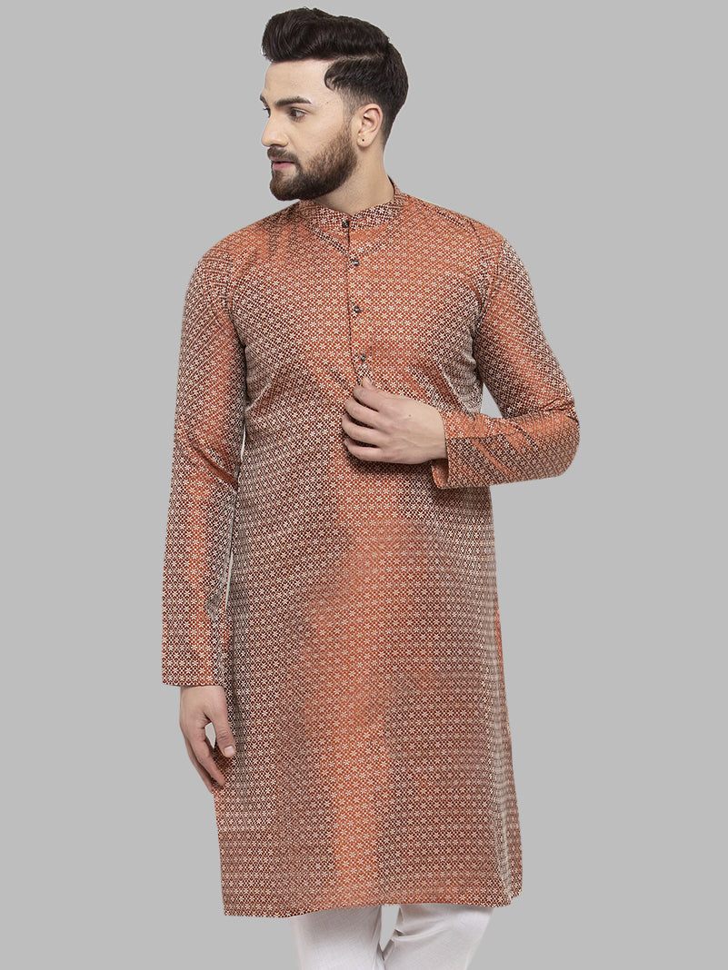 Jompers Men Orange & White Woven Design Kurta Only - Distacart