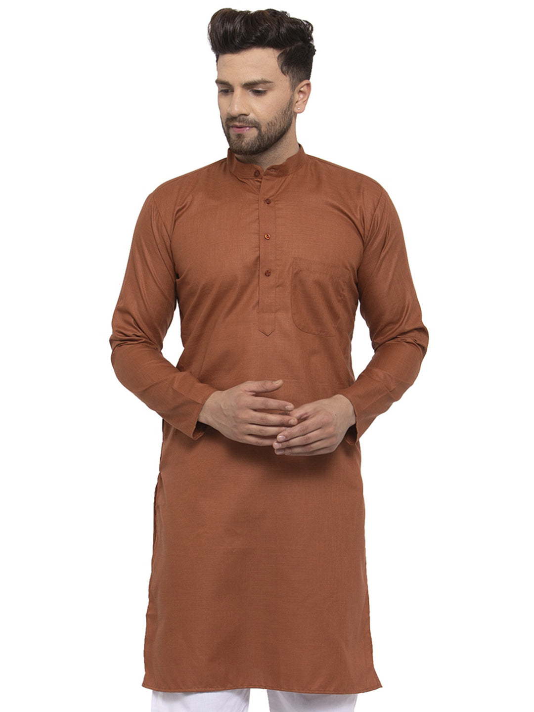 Jompers Men's Brown Cotton Solid Kurta Only