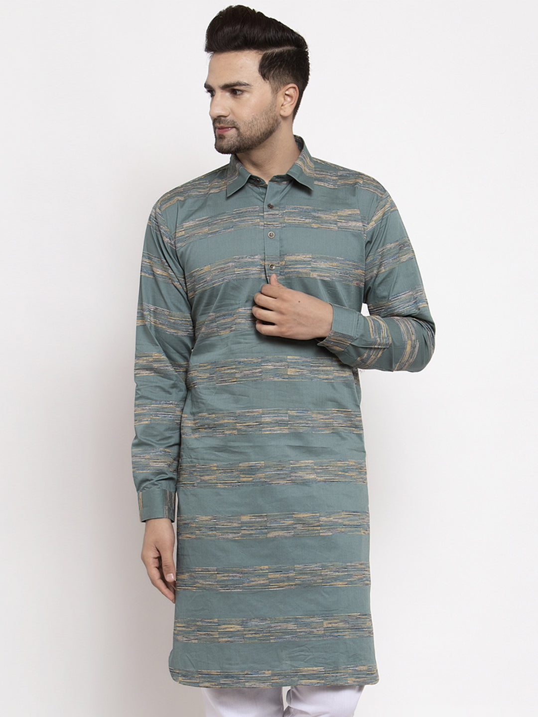 Jompers Men Green & White Woven Design Kurta Only - Distacart