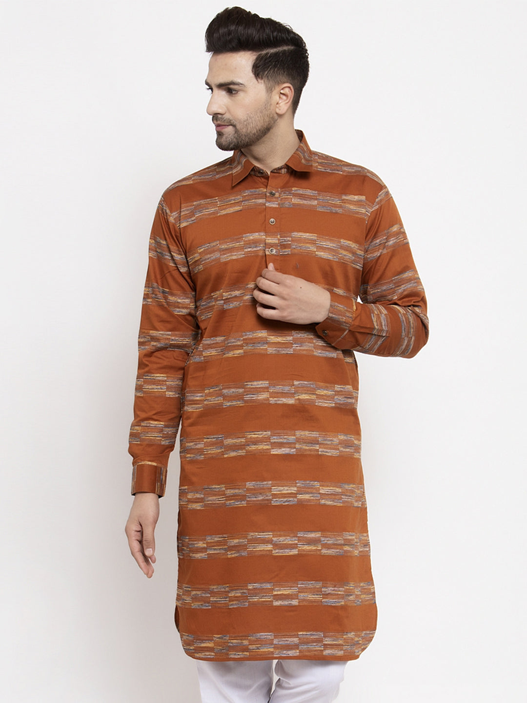 Jompers Men Mustard & White Woven Design Kurta Only - Distacart