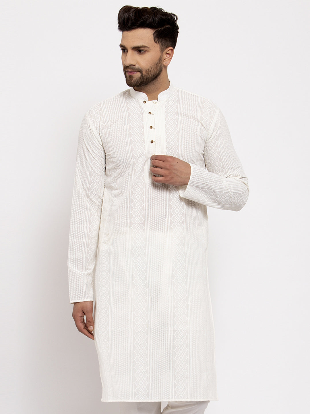 Jompers Men Cream Embroidered Kurta Only - Distacart