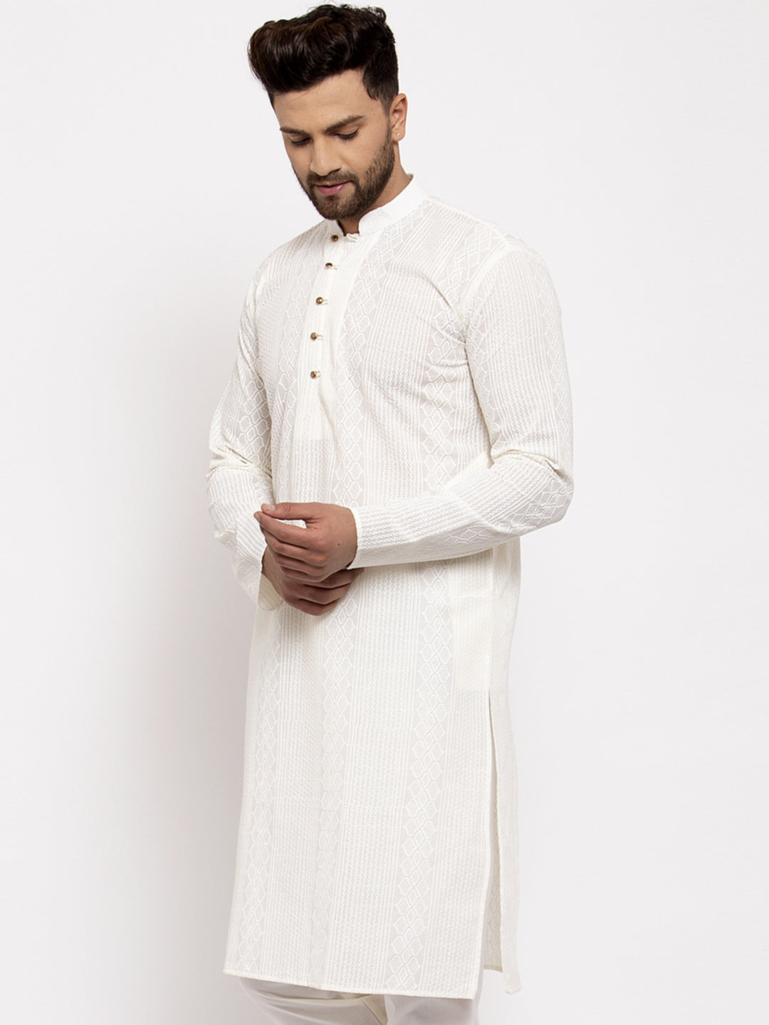 Jompers Men Cream Embroidered Kurta Only - Distacart