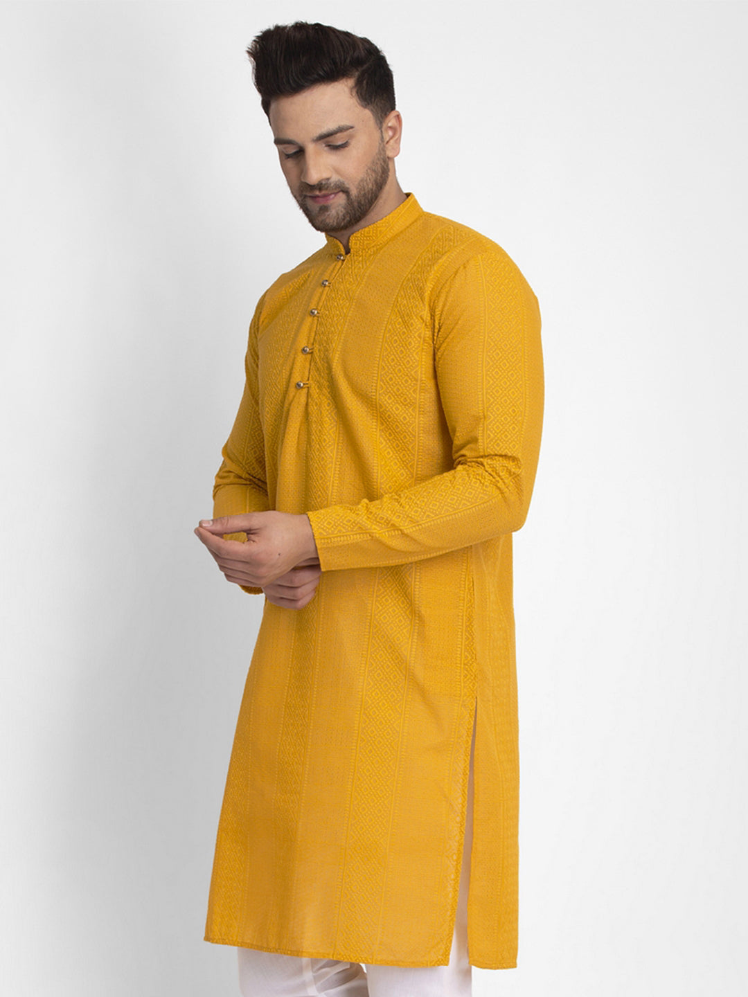 Jompers Men Mustard Embroidered Kurta Only - Distacart