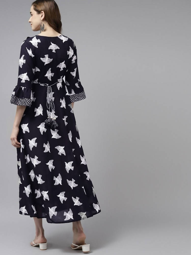 Yufta Black & White Pure Cotton Bird Print Maxi Flared Dress