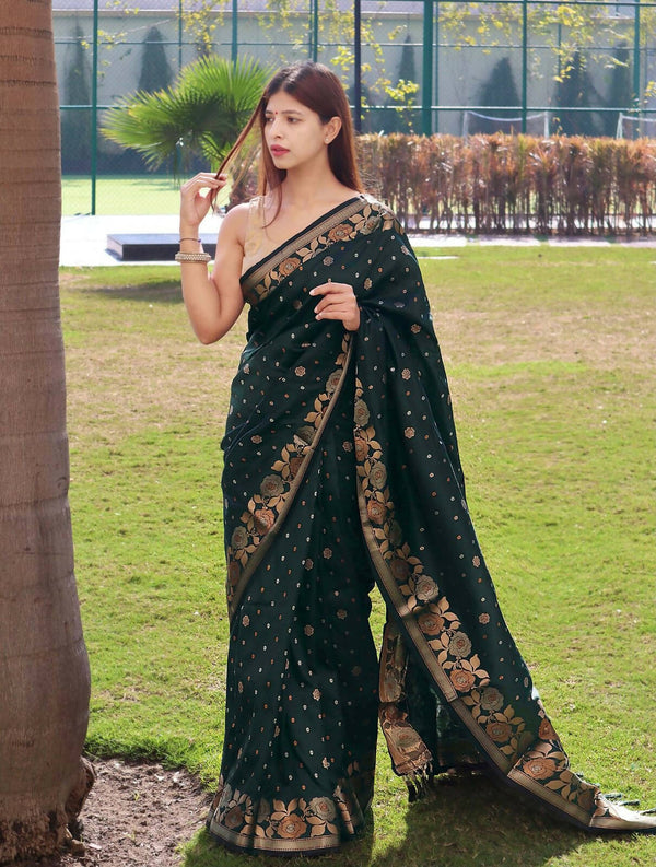 DEIANA'S Beautiful Golden Jari with New Design Soft Lichi Silk Saree - Green - Distacart