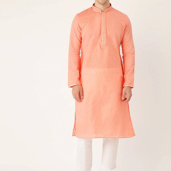 Manyavar Men Peach-Coloured & White Self Design Kurta with Churidar - Distacart