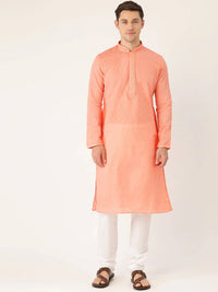 Thumbnail for Manyavar Men Peach-Coloured & White Self Design Kurta with Churidar - Distacart