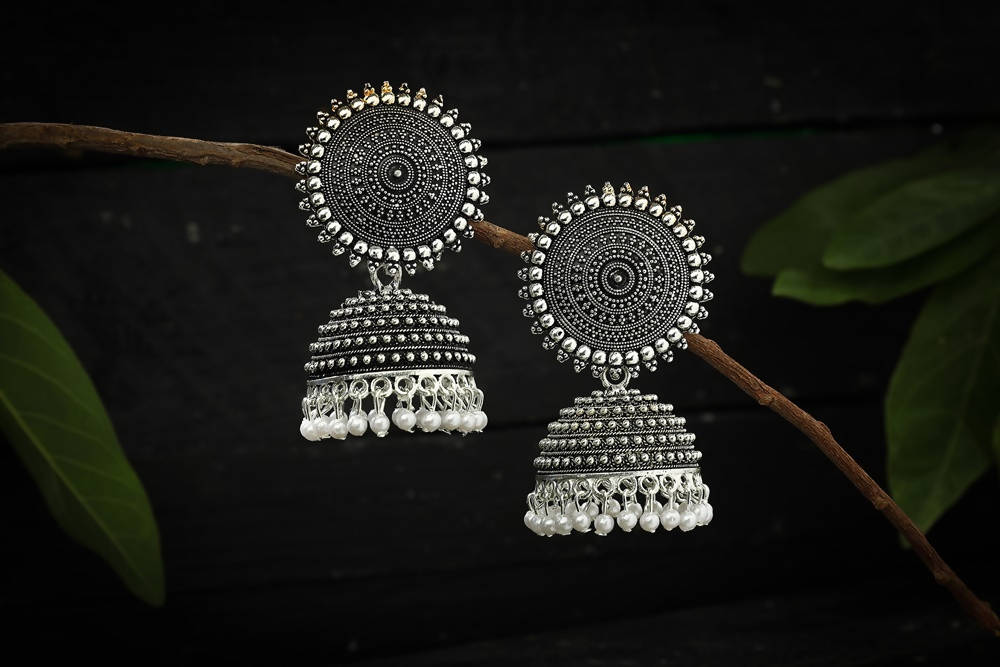 Mominos Fashion Johar Kamal Silver Color Jhumkas With White Pearls Earrings - Distacart