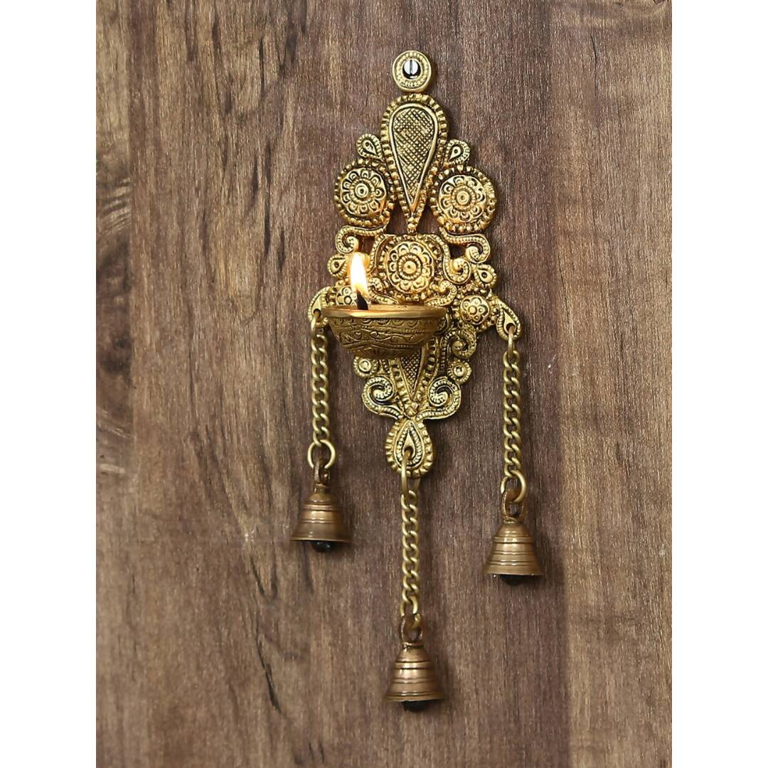 eCraftIndia Gold-Toned Handcrafted Antique Finish Diya with Bells Decorative Wall Hanging Showpiece - Distacart