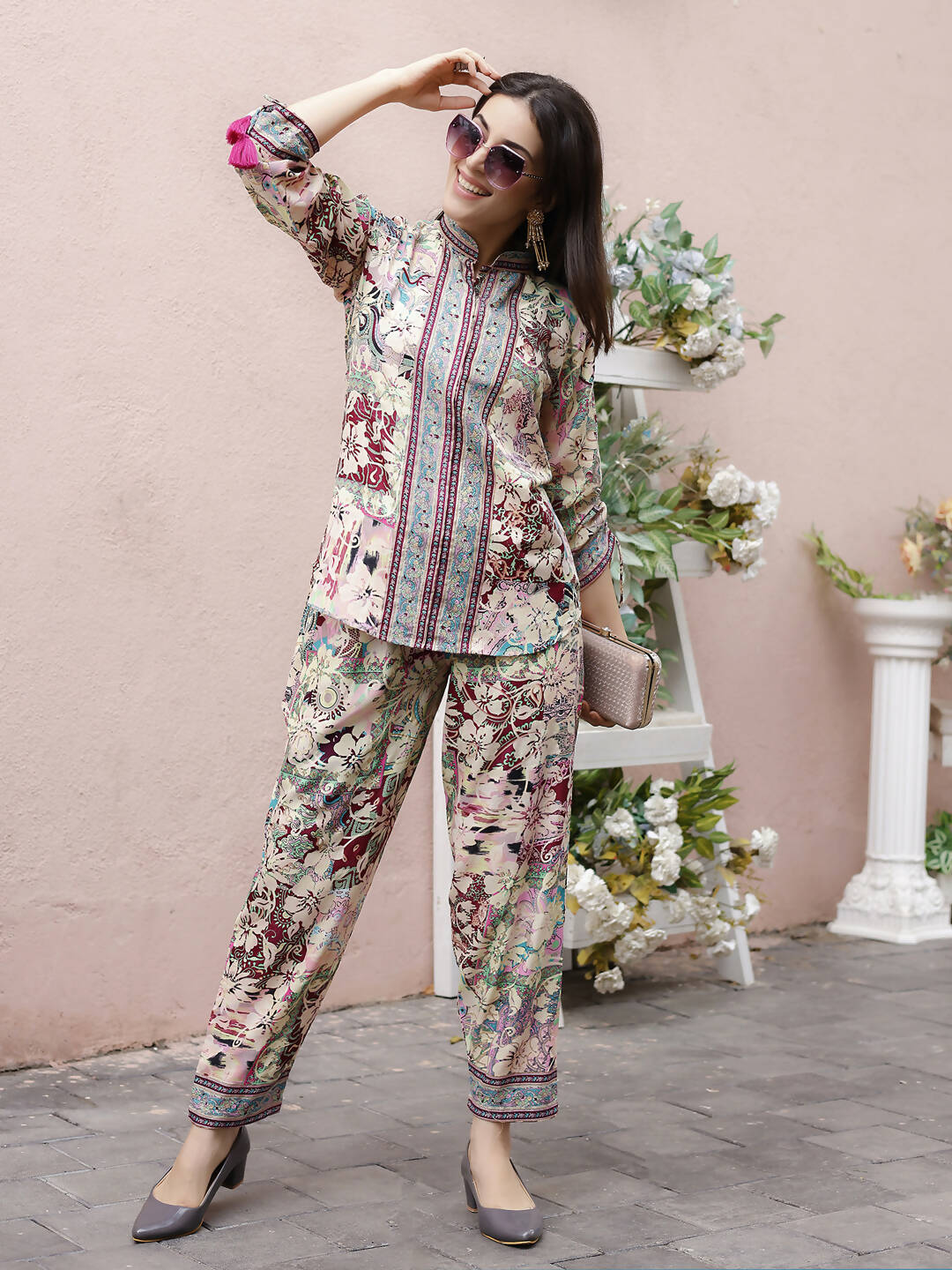 Cream Rayon Floral Printed Top with Matching Bottom - Eesha - Distacart